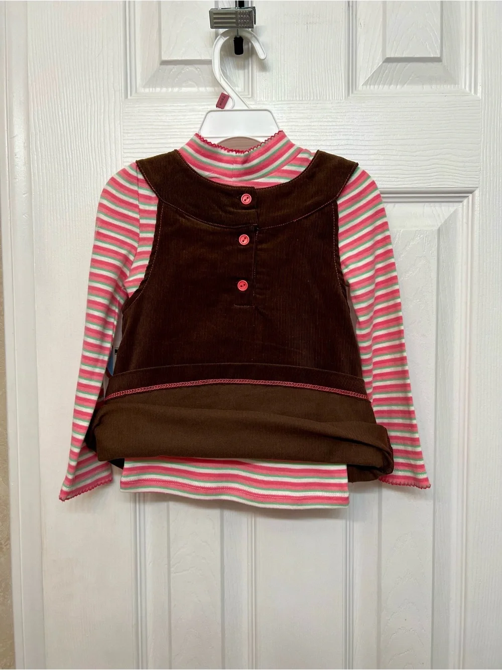 Brown Corduroy Fox Jumper Dress with Pink Striped Turtleneck Set